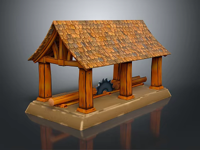 Cartoon Style Wooden Shed With Brown Tiled Roof Wooden Pillars Logs And Black Hedgehog 3d model