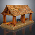 Cartoon Style Wooden Shed With Brown Tiled Roof Wooden Pillars Logs And Black Hedgehog