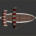 Ancient Sailing Vessel With Red And White Striped Sails And Wooden Oars
