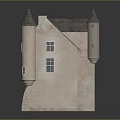 Traditional Stone Castle Building With Gray Roof Turrets Light Colored Walls And Windows