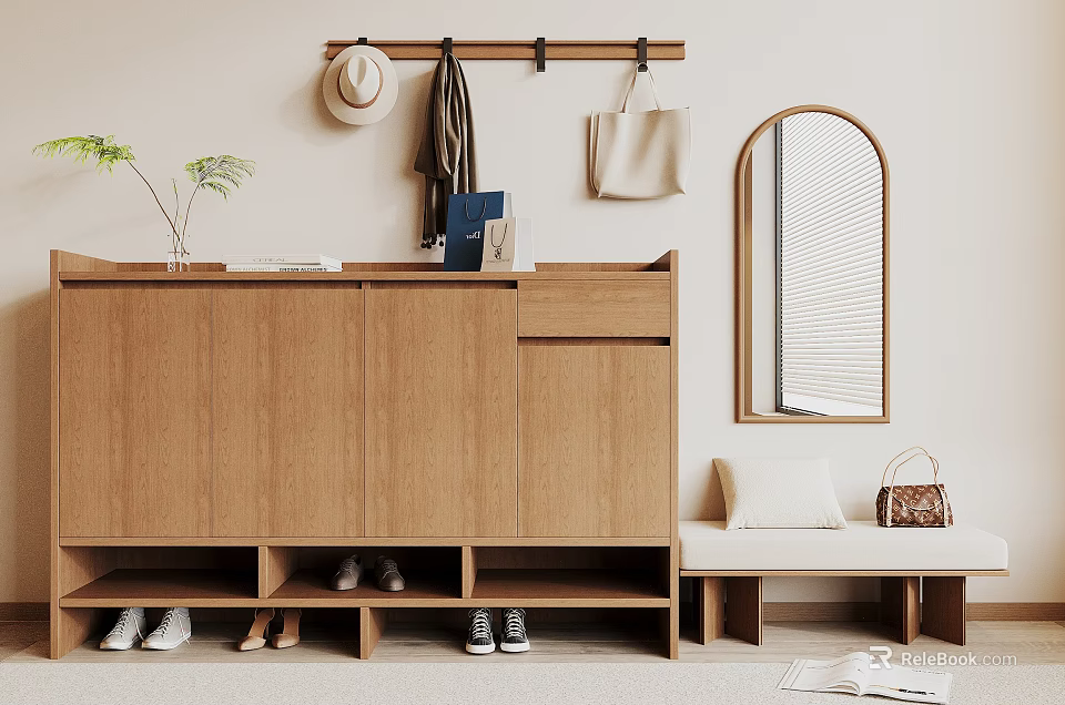 Wooden Shoe Cabinet With Shoe Storage Compartments Coat Rack Mirror And Plant 3d model 