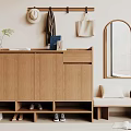 Wooden Shoe Cabinet With Shoe Storage Compartments Coat Rack Mirror And Plant