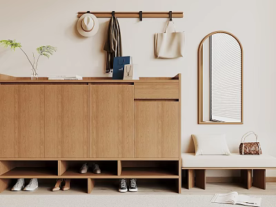 Wooden Shoe Cabinet With Shoe Storage Compartments Coat Rack Mirror And Plant 3d model