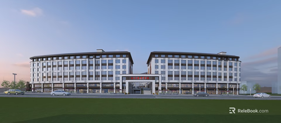 Modern Commercial Complex With Glass Curtain Walls Main Entrance Retail Spaces And Green Plaza 3d model 