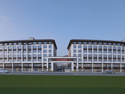 Modern Commercial Complex With Glass Curtain Walls Main Entrance Retail Spaces And Green Plaza 3d model