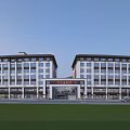 Modern Commercial Complex With Glass Curtain Walls Main Entrance Retail Spaces And Green Plaza