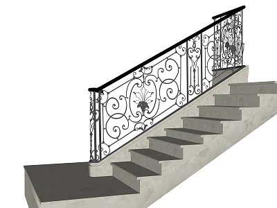 Staircase With Ornate Iron Railing And Decorative Scrollwork On Concrete Steps 3d model