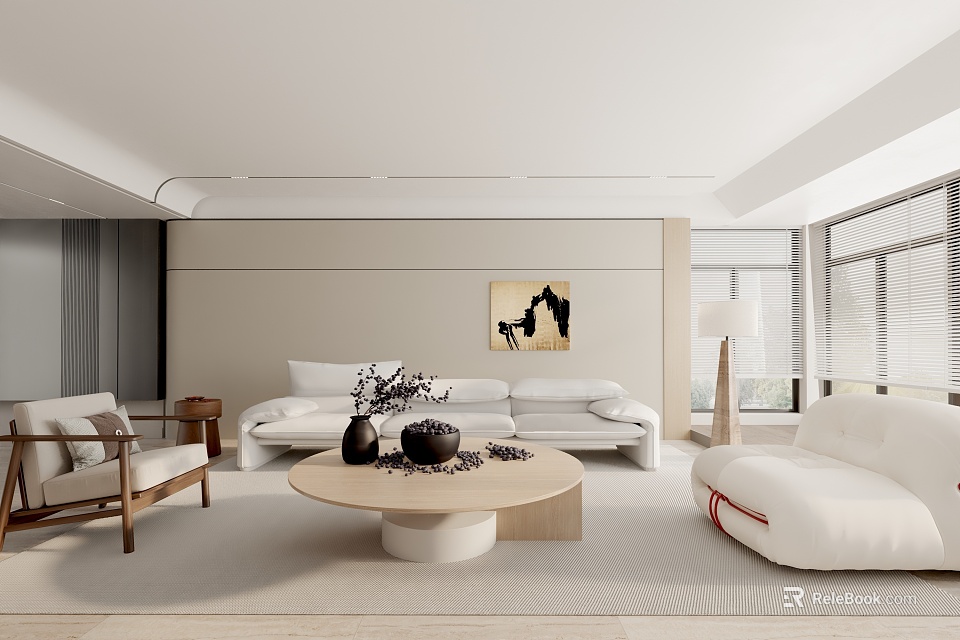 Modern Living Room Interior With White Sofa Round Coffee Table And Large Windows 3d model 