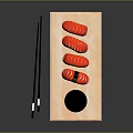 Fresh Salmon Sushi Served On Wooden Tray With Chopsticks And Soy Sauce Dish