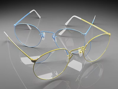 Stylish Blue and Yellow Metal Frame Glasses with Transparent Lenses 3d model