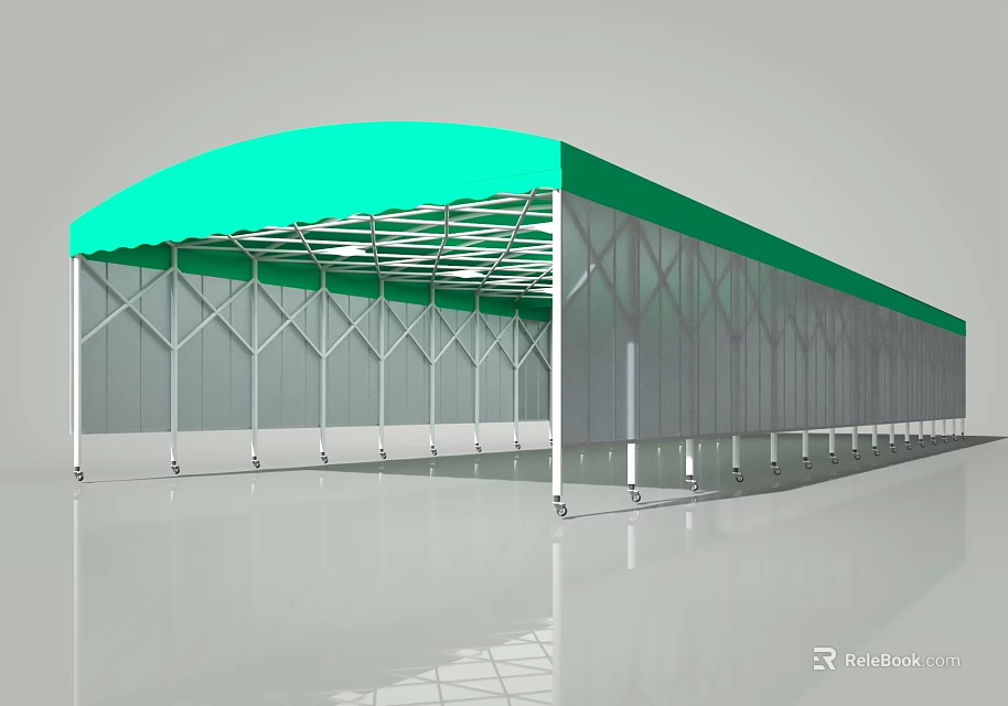 Portable Mobile Canopy Tent With Green Roof Gray Curtains And Metal Frame 3d model 
