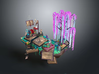 Whimsical Fantasy Landscape With Purple Hanging Vines Wooden Platform Books And Green Moss 3d model