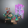 Whimsical Fantasy Landscape With Purple Hanging Vines Wooden Platform Books And Green Moss