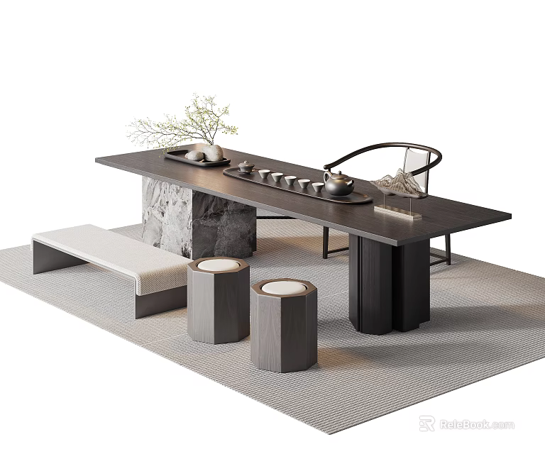 Modern Tea Table And Chairs Set With Stone Base Stools On Woven Rug 3d model