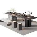 Modern Tea Table And Chairs Set With Stone Base Stools On Woven Rug 3d model