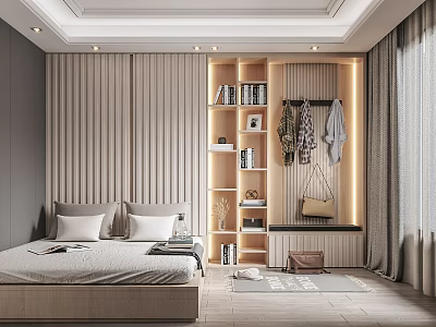 Modern Tatami Bedroom Interior With Tatami Bed Storage Shelves Hanging Clothes And Soft Lighting 3d model