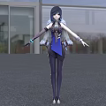 Elegant Game and Movie Character With Black Short Hair Blue Outfit White Shoulder Details Purple Pants