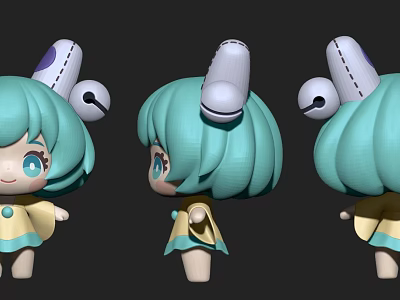 Cute Cartoon Creature 3D Model With Turquoise Hair Headphones Three Angles Yellow Blue Outfit 3d model