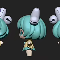 Cute Cartoon Creature 3D Model With Turquoise Hair Headphones Three Angles Yellow Blue Outfit