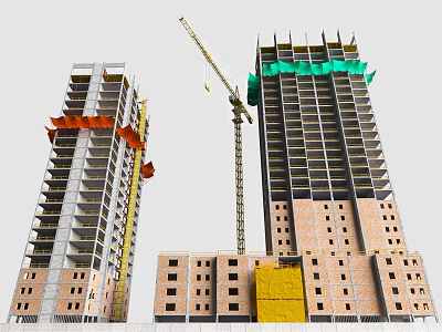 High Rise Buildings Under Construction With Crane Scaffolding And Brick Structure 3d model