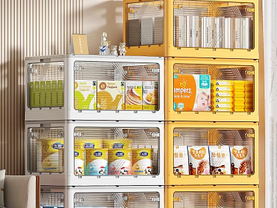 Practical Yellow And White Storage Cabinet Shelf In Kitchen For Food Organization And Storage 3d model