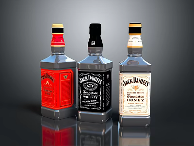 Three Jack Daniel's Whiskey Bottles Featuring Classic Honey And Special Edition Flavors 3d model