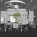 Modern Café Interior Design With Open Layout Hanging Lights Indoor Plant And Wooden Tables