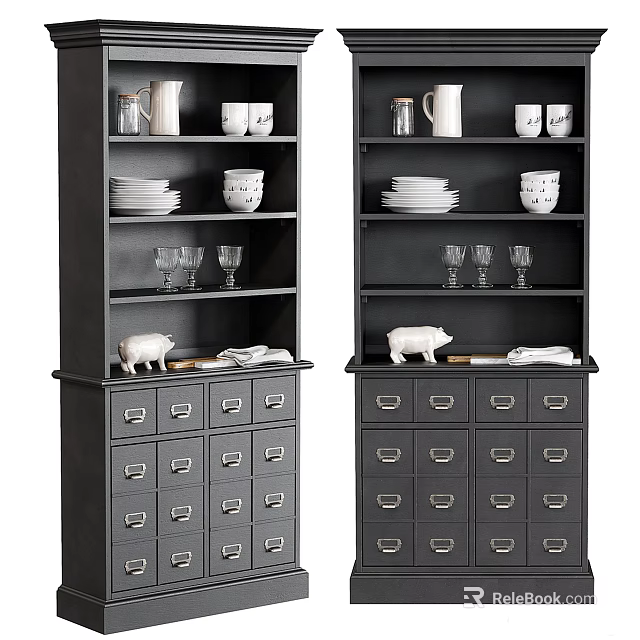 Black Display Shelves Featuring Plates Cups Glasses Pig Figurine and Storage Drawers 3d model 