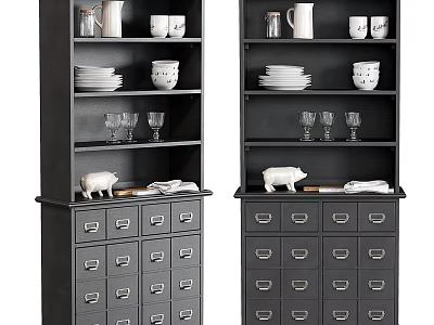 Black Display Shelves Featuring Plates Cups Glasses Pig Figurine and Storage Drawers 3d model