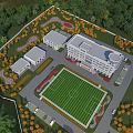Aerial Planning of Sports Fields Buildings and Green Spaces Surrounded by Trees
