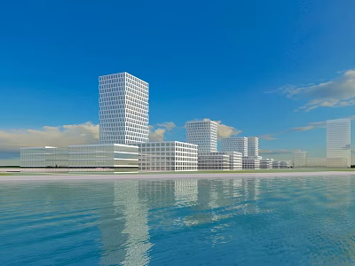 Modern Office Buildings With Glass Curtain Walls And Waterfront Reflection Under Blue Sky 3d model