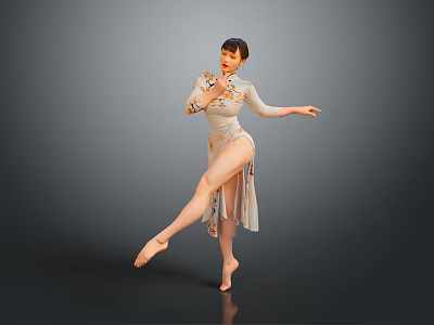 Woman Dancing In Traditional Floral Dress With Lifted Leg And Extended Arms On Gray Background 3d model