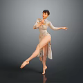 Woman Dancing In Traditional Floral Dress With Lifted Leg And Extended Arms On Gray Background