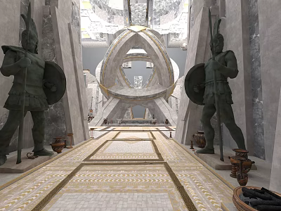 Ancient Building Interior With Guardian Statues Arched Ceiling Decorative Floor And Ornamental Vases 3d model