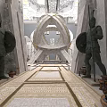 Ancient Building Interior With Guardian Statues Arched Ceiling Decorative Floor And Ornamental Vases