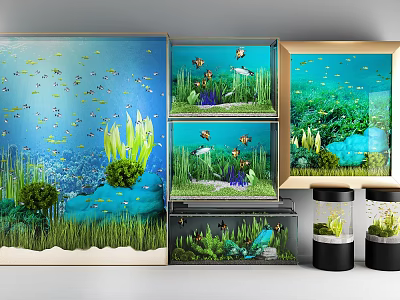 Multiple Aquariums Design With Large Tank Small Fish Green Plants Sand And Cylindrical Tanks 3d model