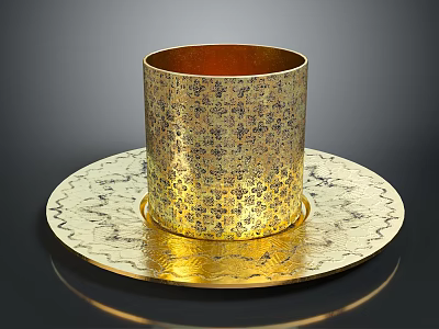 Golden Decorative Cup With Intricate Patterns On Matching Saucer For Home Use 3d model