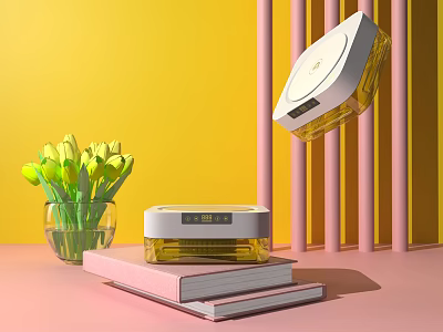 Yellow Background With Pink Pillars Yellow Tulips And Daily Electrical Appliances On Books And Floating 3d model