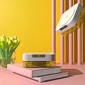 Yellow Background With Pink Pillars Yellow Tulips And Daily Electrical Appliances On Books And Floating