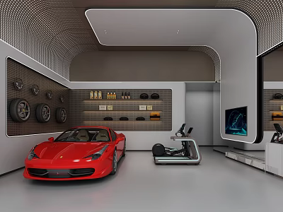 Luxury Garage Interior With Red Sports Car Fitness Equipment And Wall Mounted Tires 3d model
