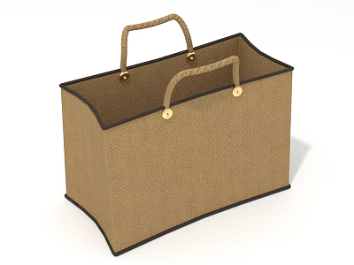 Brown Woven Handle Cloth Tote Bag With Black Trim And Metal Fasteners 3d model