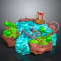 Colorful Scenic Landscape With Islands Flowing Water Bridge Green Plants And Red Torii Gate