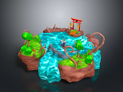 Colorful Scenic Landscape With Islands Flowing Water Bridge Green Plants And Red Torii Gate 3d model