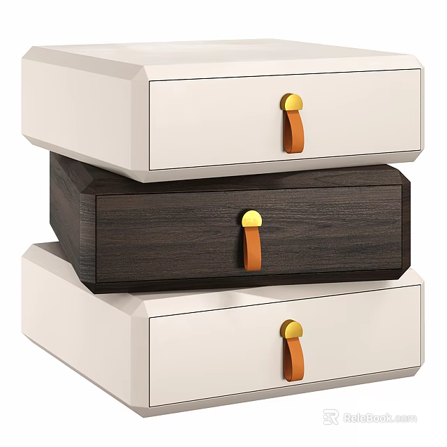 Modern Bedside Table Design With White And Dark Wood Drawers And Leather Handles 3d model 