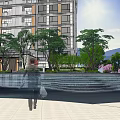 Landscaped Garden With Greenery Pathway And Water Feature By High Rise Building