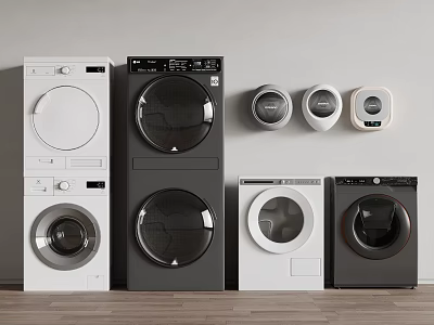 Various White And Black Washing Machines Featuring Stackable And Standalone Designs 3d model