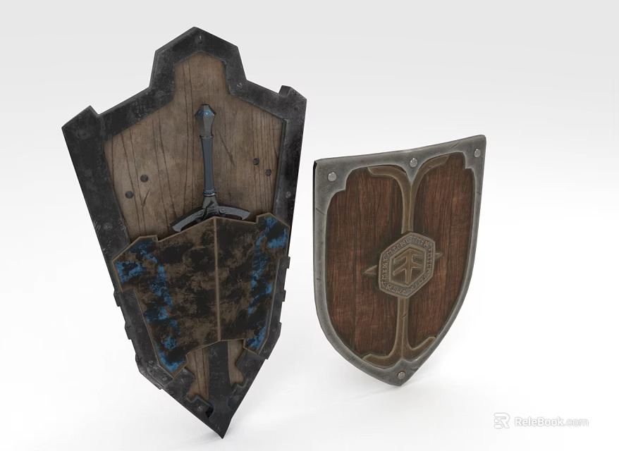 Two Wooden Sports Equipment Shields With Different Decorative Design Patterns 3d model