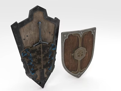 Two Wooden Sports Equipment Shields With Different Decorative Design Patterns 3d model