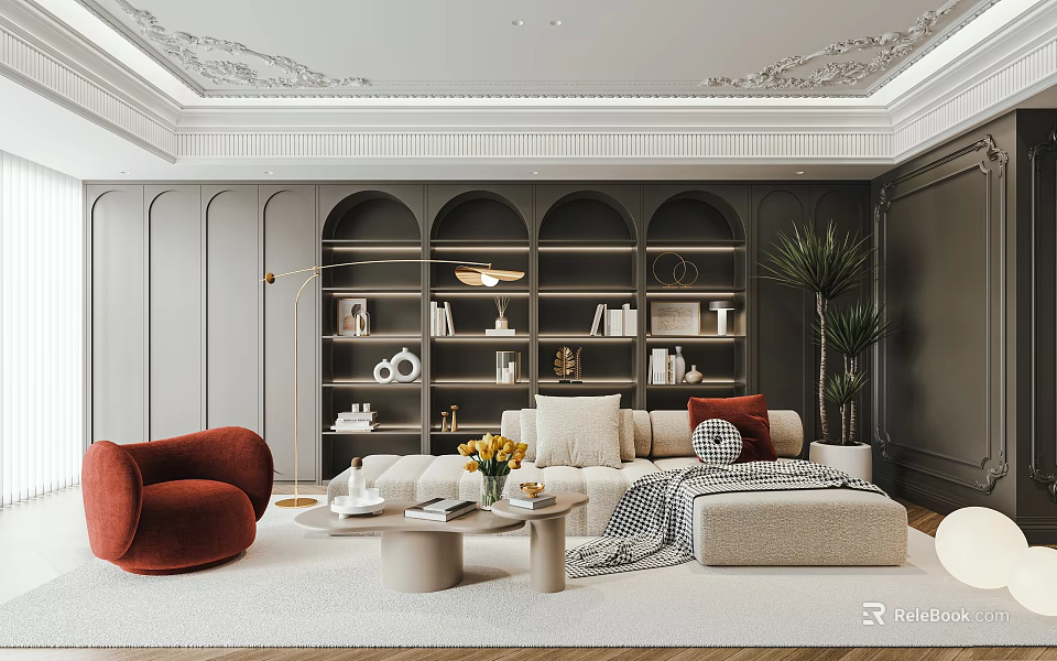 Elegant Living Room Interior With Gray Walls Arched Bookshelf Red Accent Chair And Green Plant 3d model 