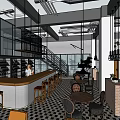 Bright Restaurant Interior With Glass Ceiling Potted Bamboo Wooden Tables Red Chairs And Checkerboard Floor